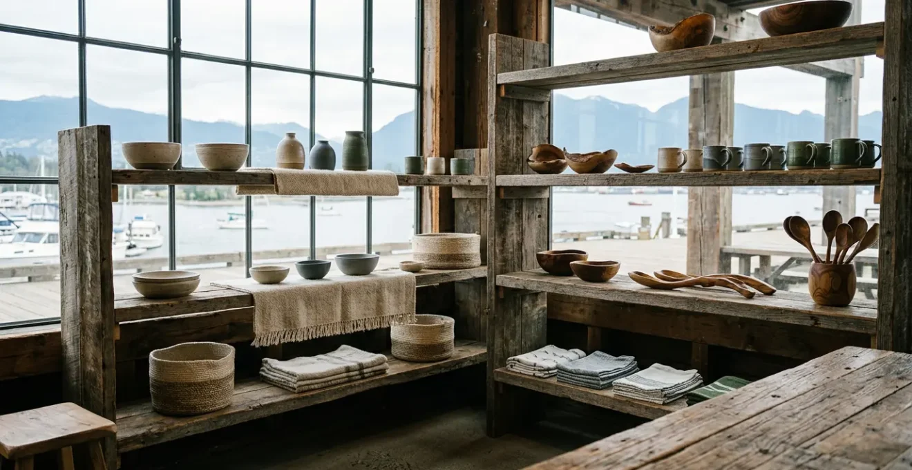 Artisan crafts displayed on rustic wooden shelves with Vancouver waterfront backdrop visible through industrial windows