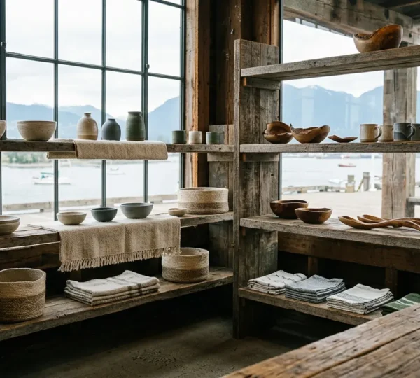 Artisan crafts displayed on rustic wooden shelves with Vancouver waterfront backdrop visible through industrial windows