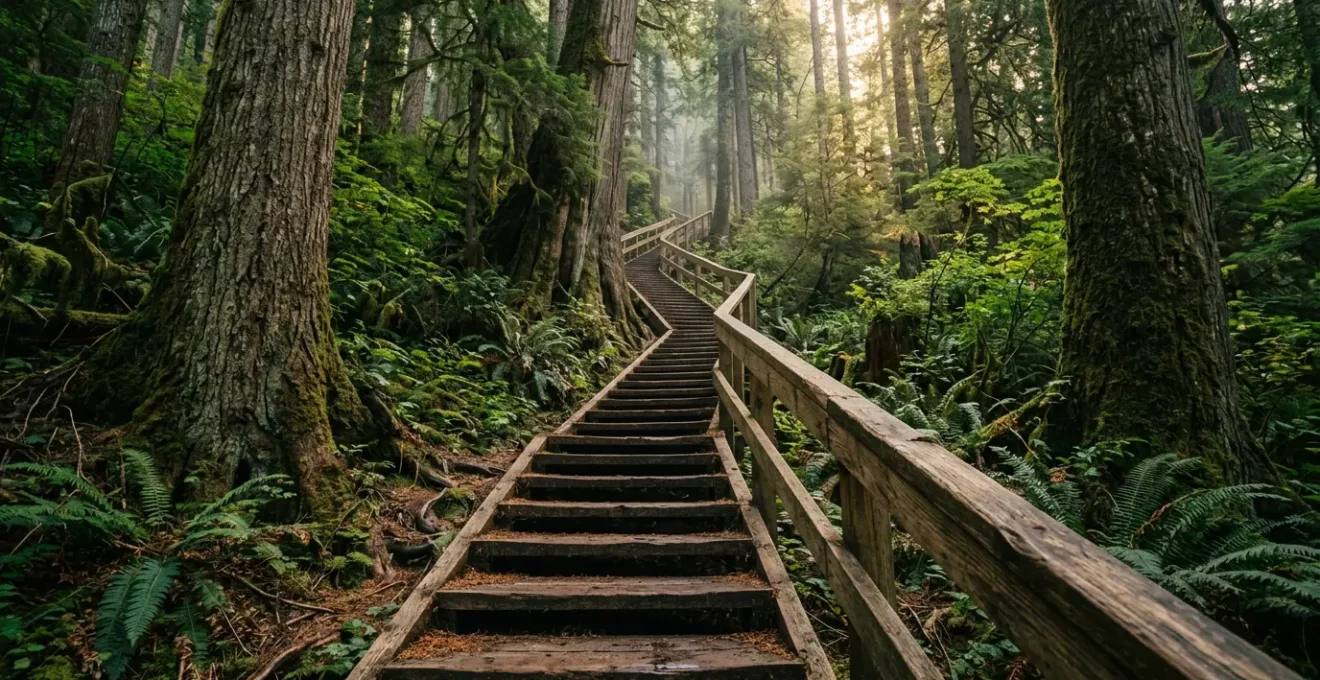 Steep forest trail with wooden stairs winding through towering Douglas fir trees on Vancouver's North Shore mountains, dappled sunlight filtering through canopy