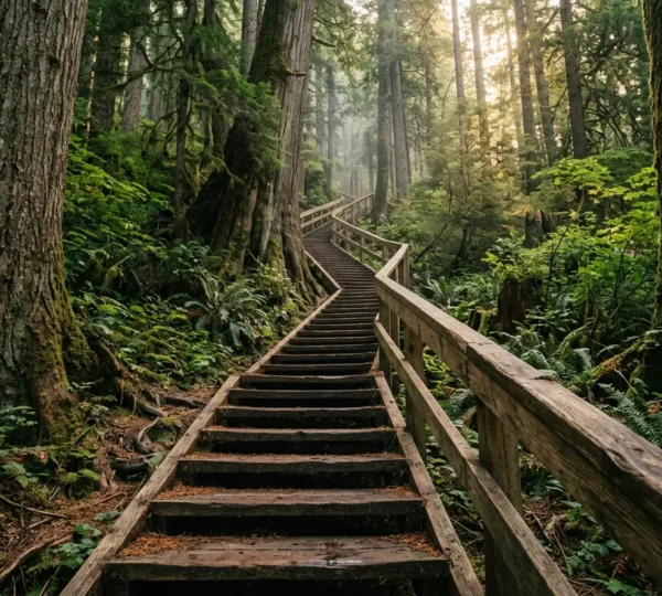 Steep forest trail with wooden stairs winding through towering Douglas fir trees on Vancouver's North Shore mountains, dappled sunlight filtering through canopy