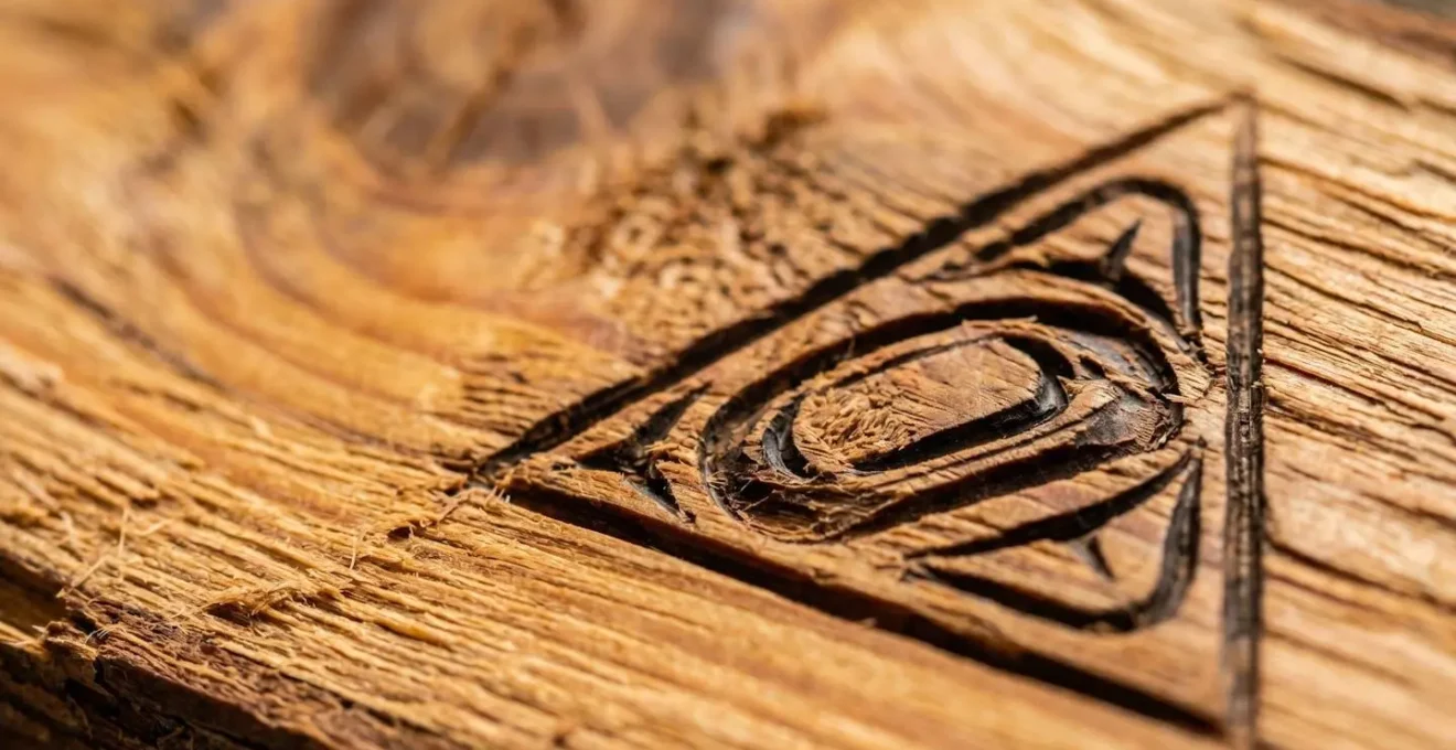 Extreme close-up of hand-carved Coast Salish trigon design on raw cedar wood showing tool marks and natural grain