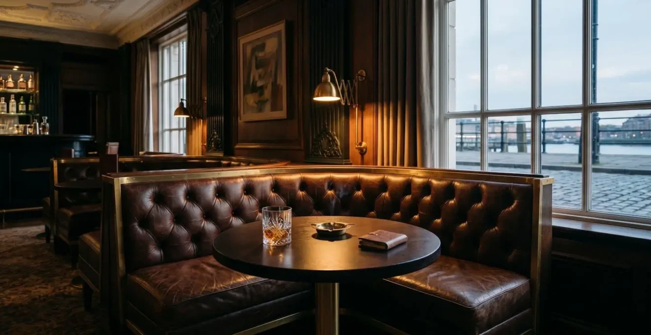 Vintage hotel lounge interior with art deco details and English Bay waterfront view