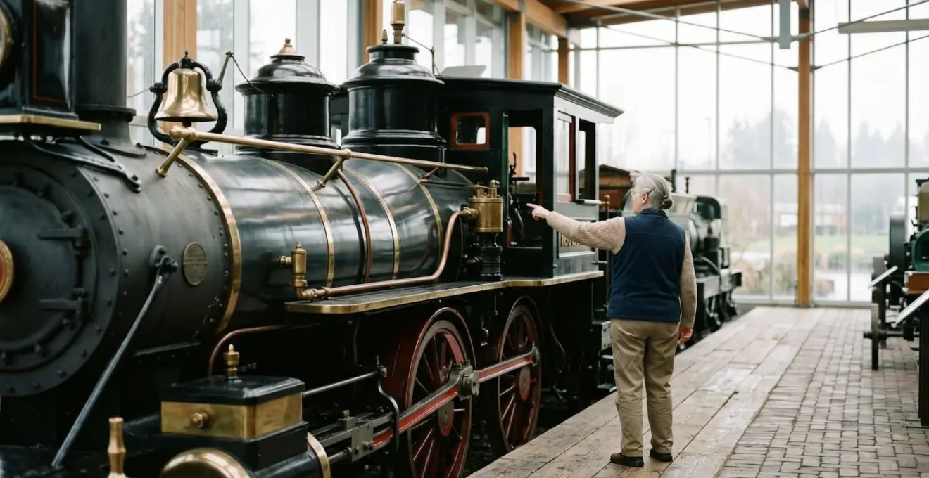 Gleaming black vintage steam locomotive with polished brass fittings in glass-walled heritage pavilion with natural light