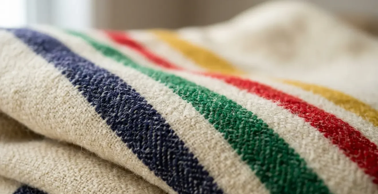 Close-up of a folded Hudson's Bay Point Blanket showing iconic multicolored stripes against natural cream wool texture