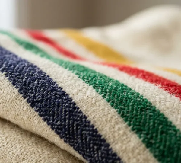Close-up of a folded Hudson's Bay Point Blanket showing iconic multicolored stripes against natural cream wool texture