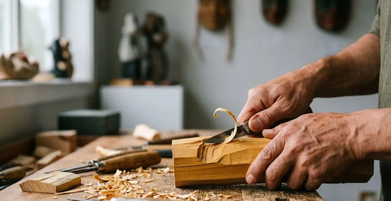 Indigenous artist's hands working on cedar carving in contemporary Vancouver studio