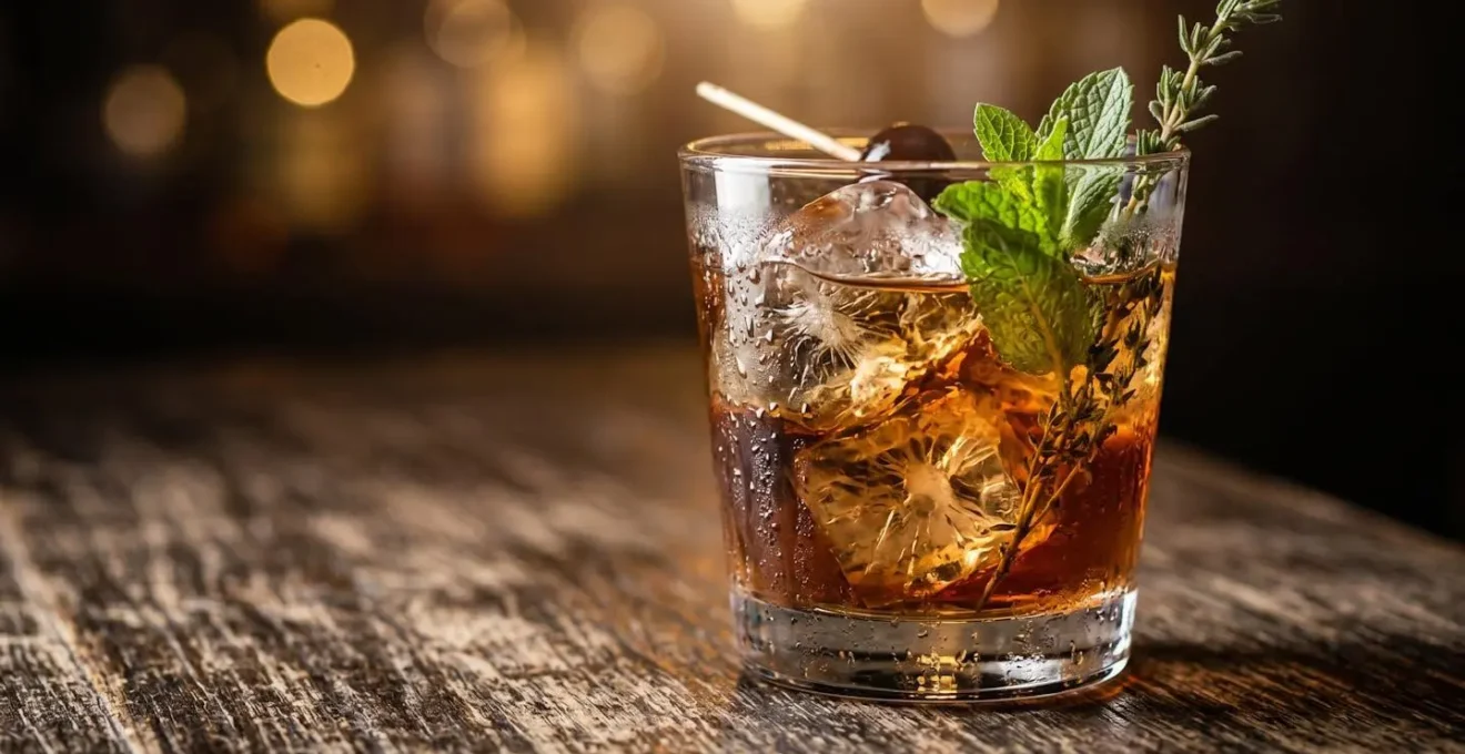 Craft cocktail with garnish on wooden bar surface with warm ambient lighting