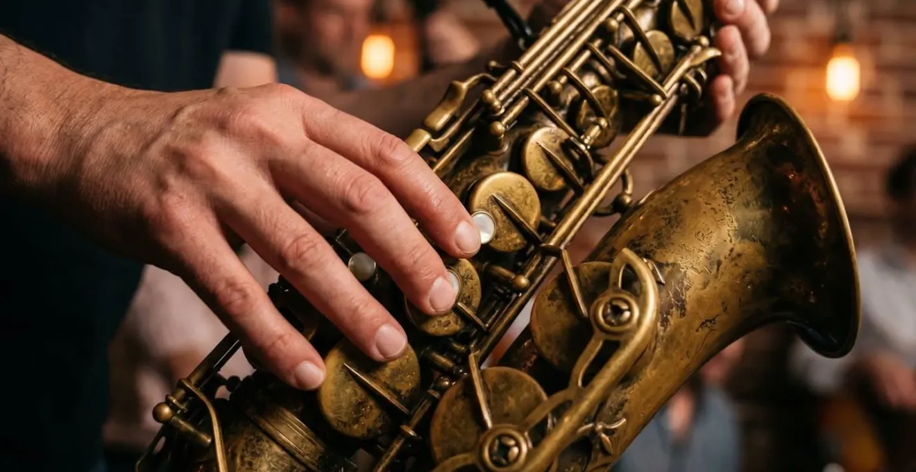 Close-up of jazz musician's hands on saxophone keys with warm stage lighting, intimate club atmosphere, shallow depth of field