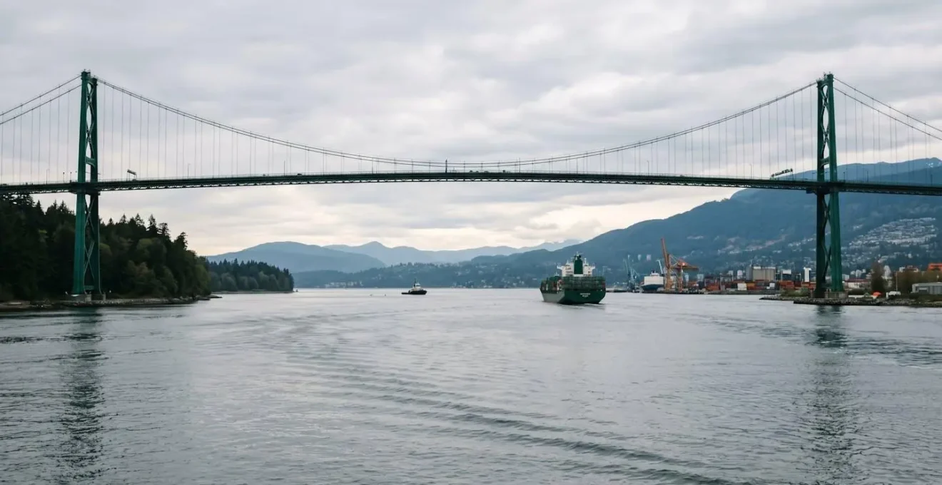 Low angle water-level view of Lions Gate Bridge spanning Burrard Inlet with Stanley Park and container ships