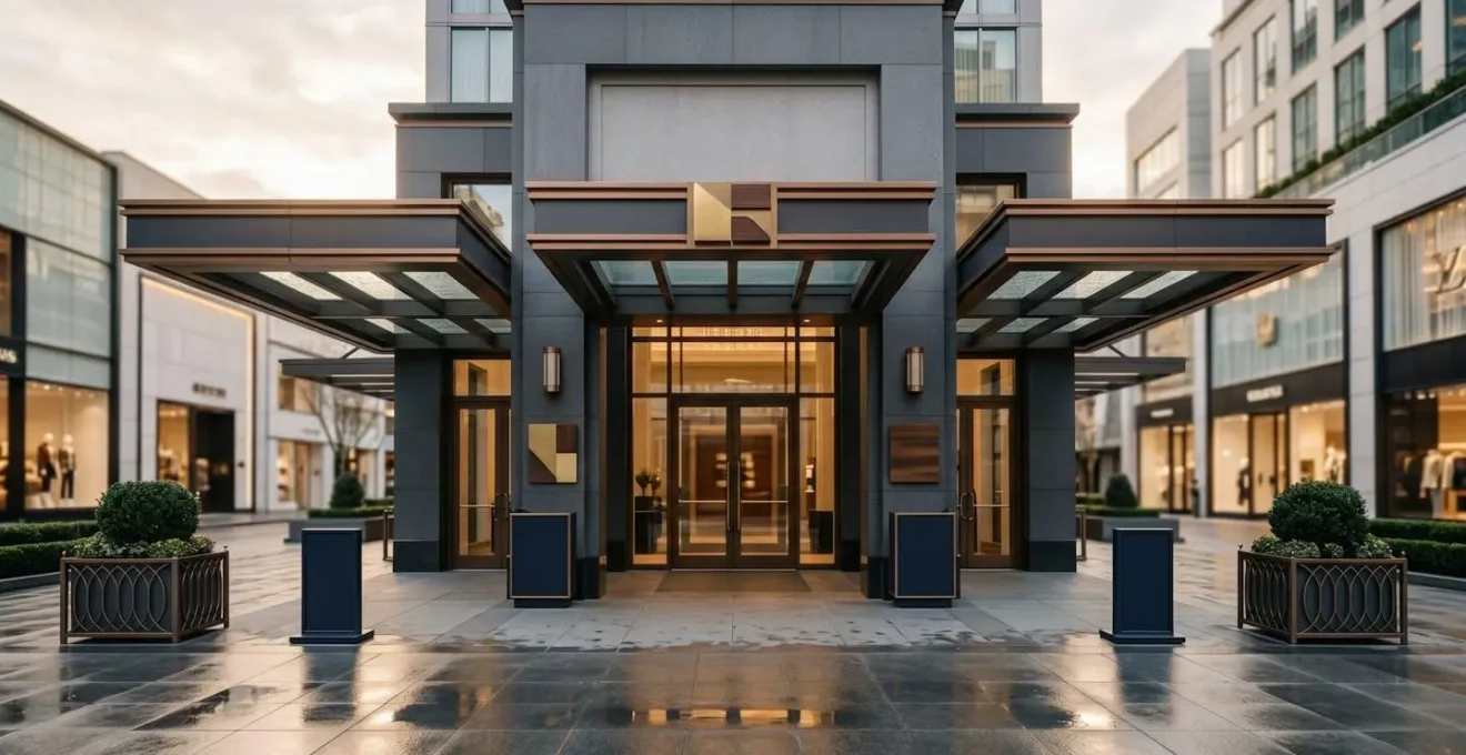 Symmetrical view of upscale hotel valet entrance with modern architecture and refined design elements