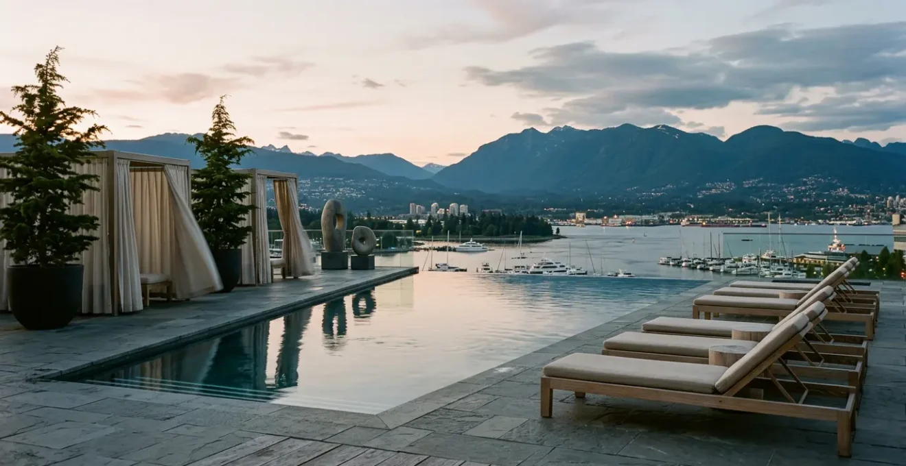 Tranquil luxury hotel spa setting with infinity pool overlooking Vancouver harbour and coastal mountains at golden hour
