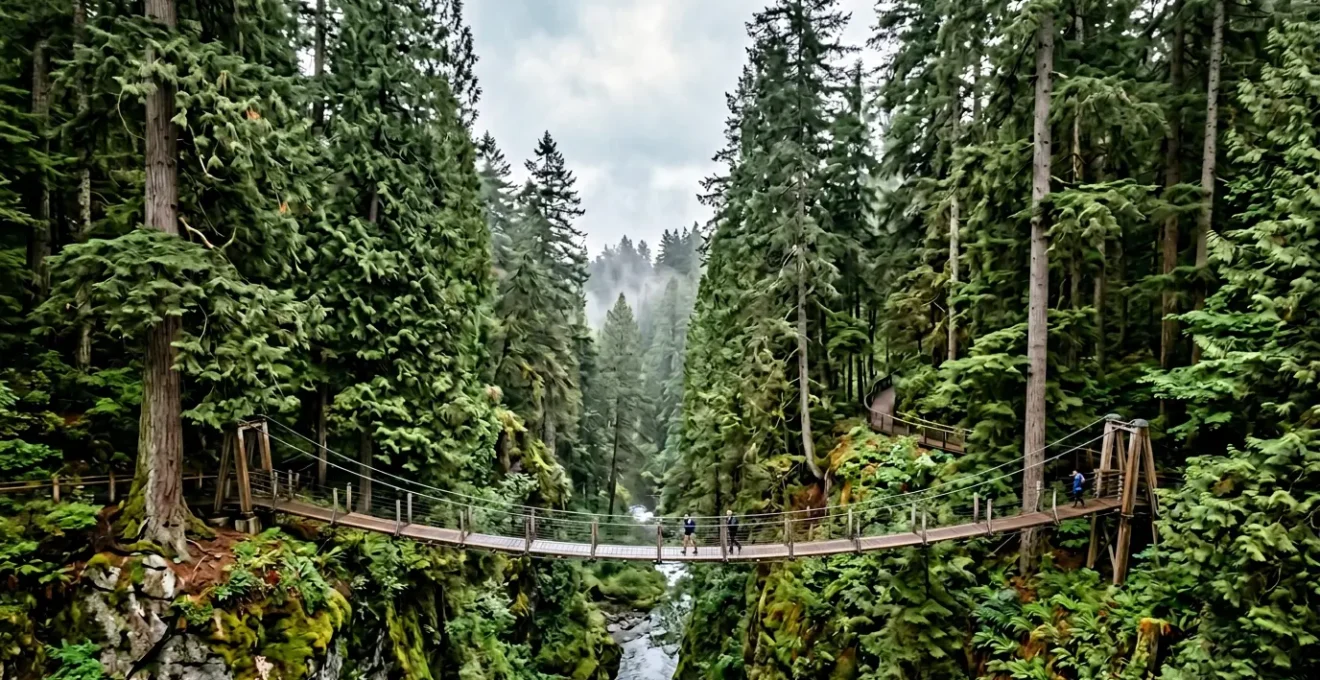 Aerial perspective of two suspension bridges traversing lush temperate rainforest canyon, morning mist filtering through western red cedars and douglas firs