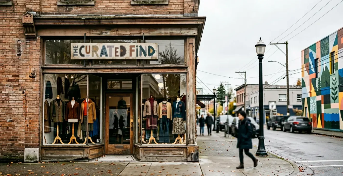 Vibrant Main Street Vancouver storefront with vintage clothing displays and colorful murals