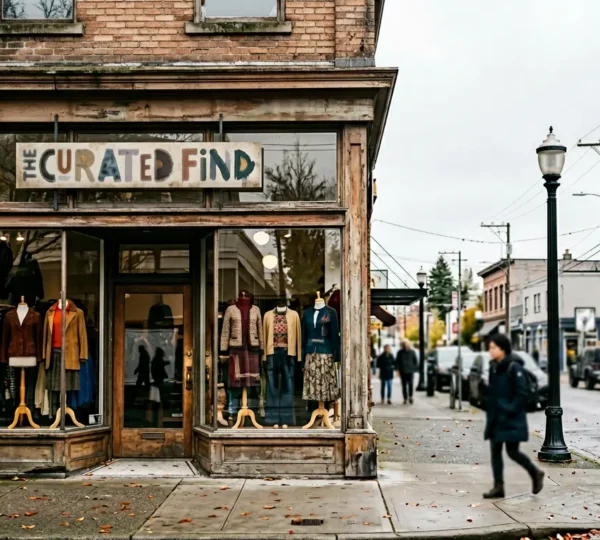 Vibrant Main Street Vancouver storefront with vintage clothing displays and colorful murals