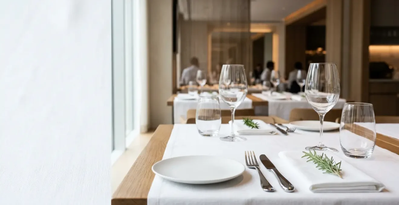An elegant fine dining table setting at a Michelin-starred restaurant with pristine white tablecloth and professional service details