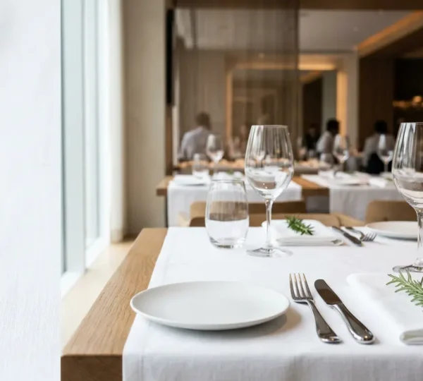An elegant fine dining table setting at a Michelin-starred restaurant with pristine white tablecloth and professional service details
