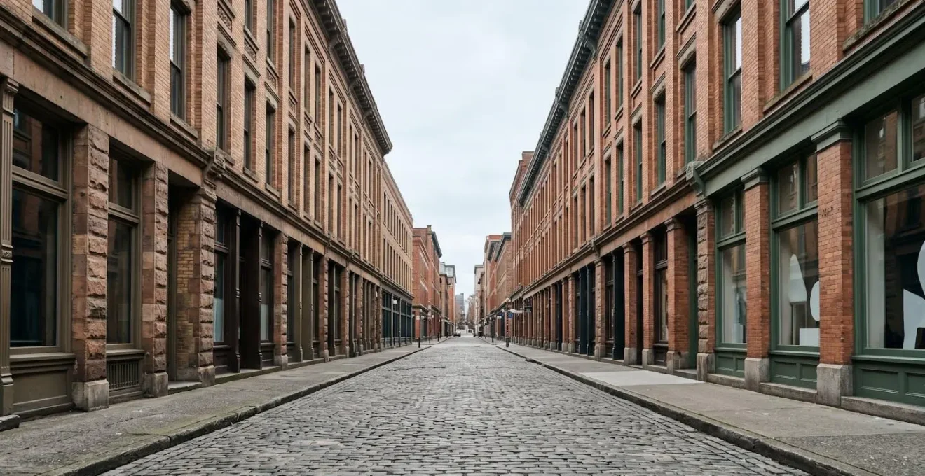 Wide-angle environmental shot of narrow Water Street corridor in Gastown showing Victorian brick building facades creating urban canyon acoustic effect