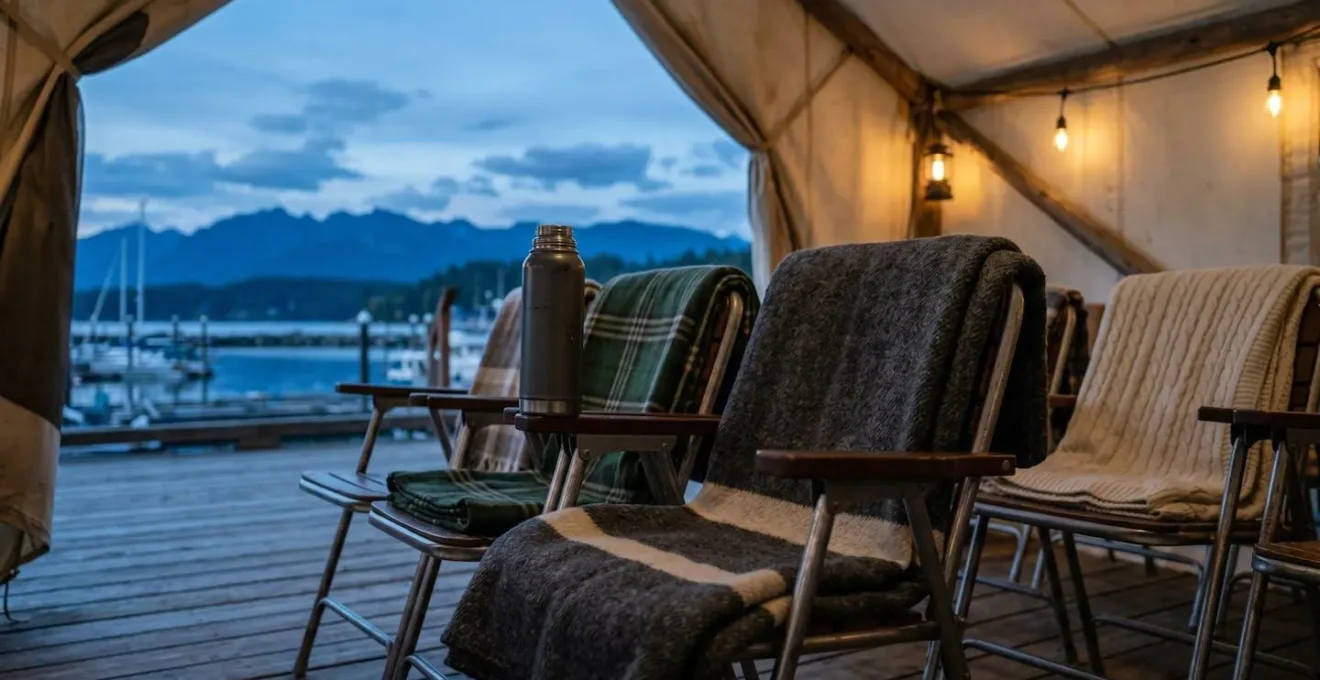 Cozy outdoor theatre seating with layered blankets and warm beverage against coastal mountain backdrop