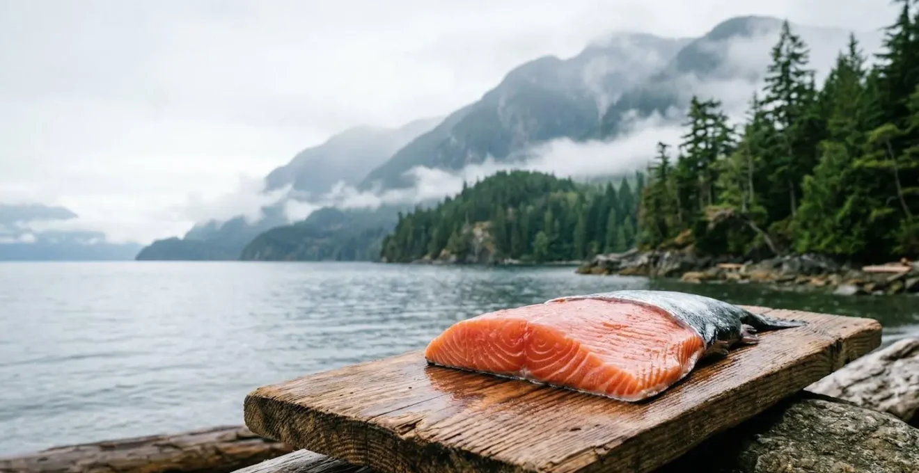 Fresh wild Pacific salmon fillet resting on weathered cedar plank against coastal British Columbia backdrop with misty mountains