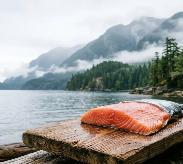 Fresh wild Pacific salmon fillet resting on weathered cedar plank against coastal British Columbia backdrop with misty mountains