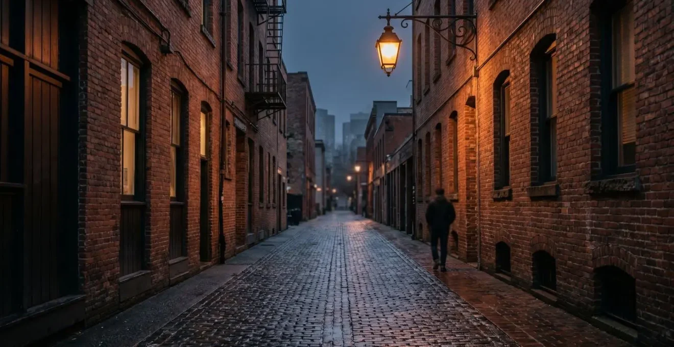 Wide shot of quiet cobblestone Gastown alley at dusk with warm street lamp glow, brick buildings, minimal negative space, atmospheric urban refuge
