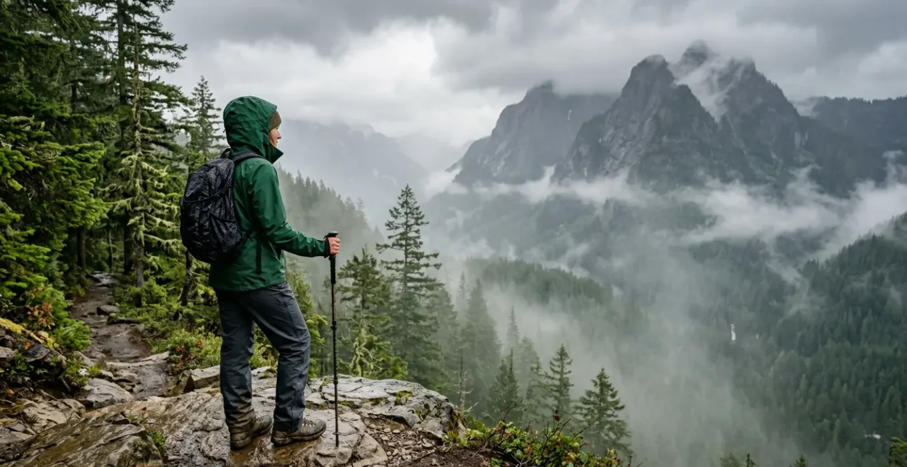 Hiker wearing waterproof rain jacket standing on misty North Shore Mountains trail with evergreen forest backdrop