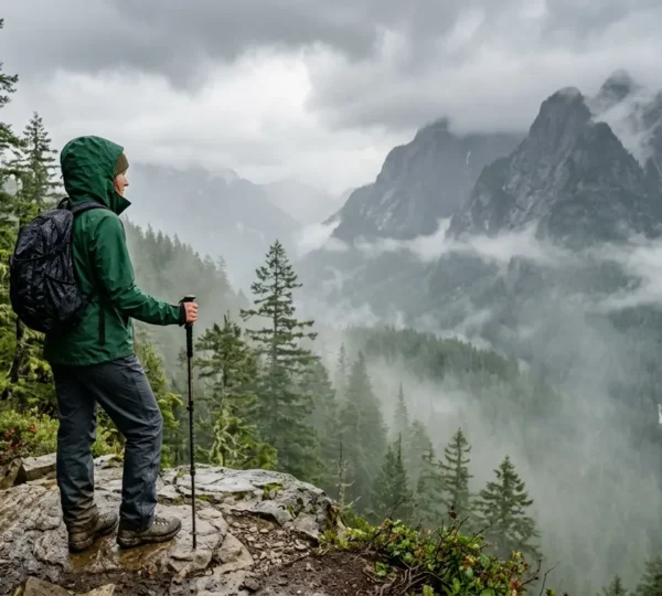 Hiker wearing waterproof rain jacket standing on misty North Shore Mountains trail with evergreen forest backdrop