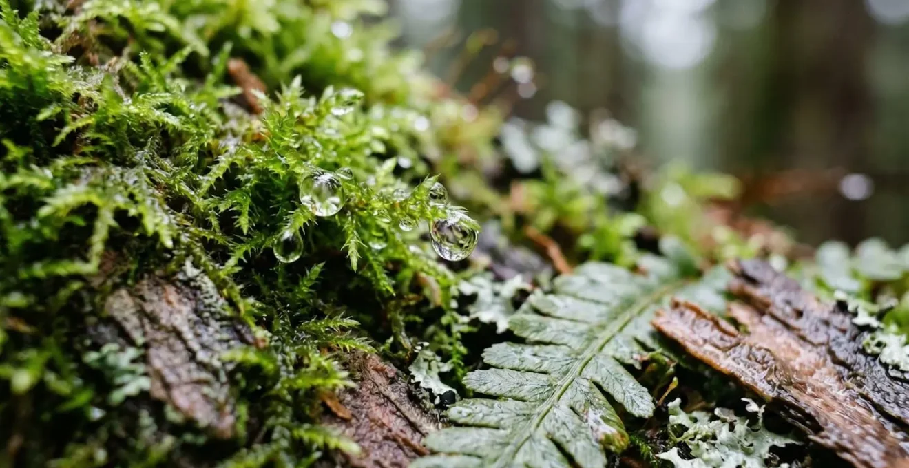 Extreme close-up of vibrant emerald moss droplets on western red cedar bark with shallow depth of field, natural forest light