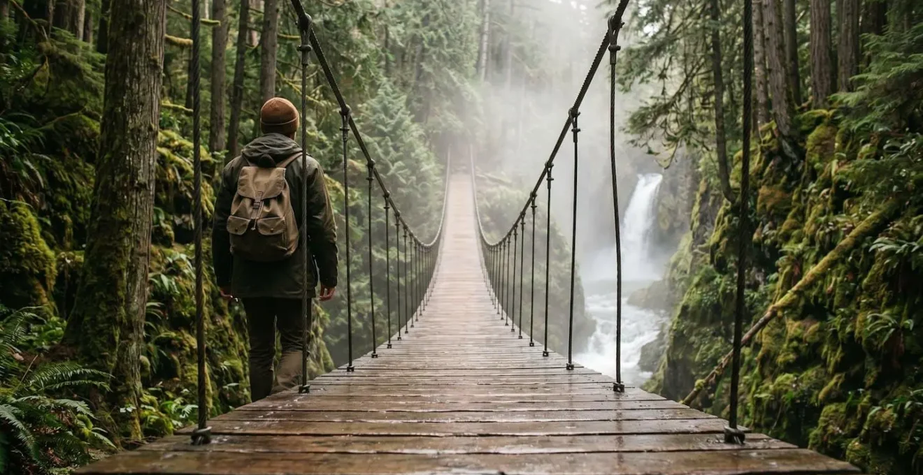 Atmospheric suspension bridge spanning lush green canyon with mist rising from waterfall below