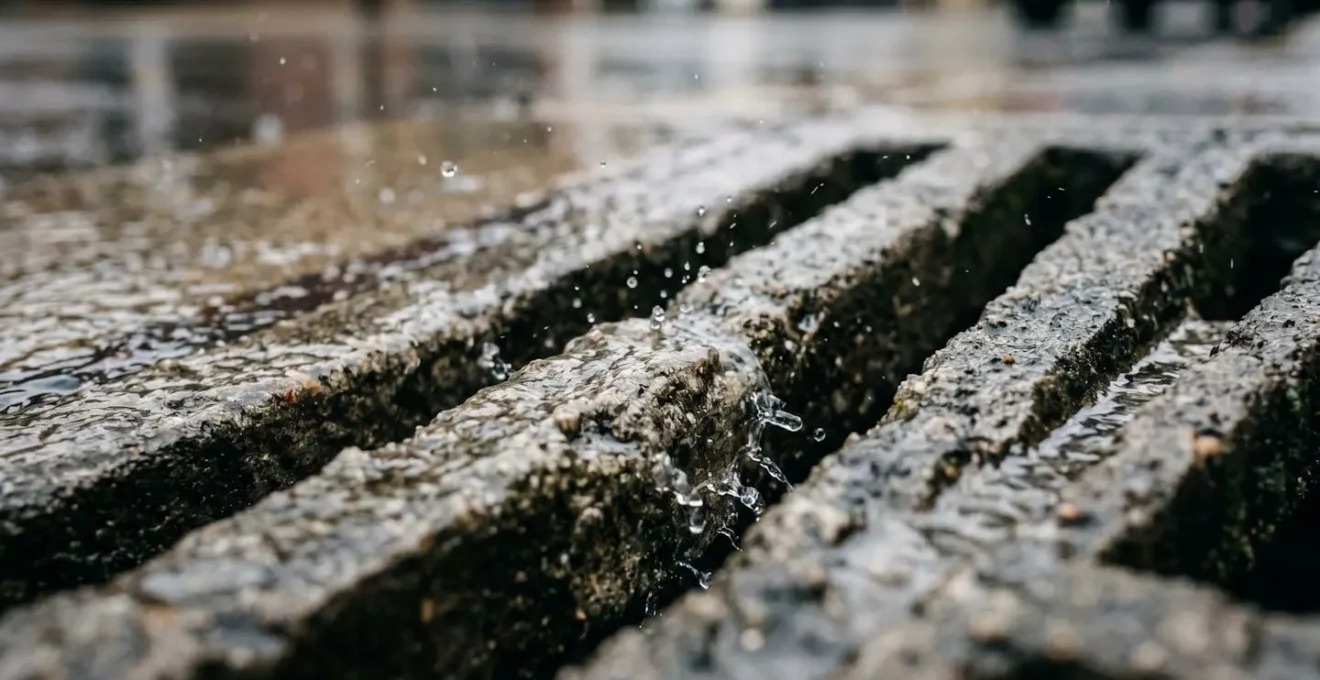 Macro detail of water flowing into a coastal storm drain during rainfall, illustrating urban runoff pathways