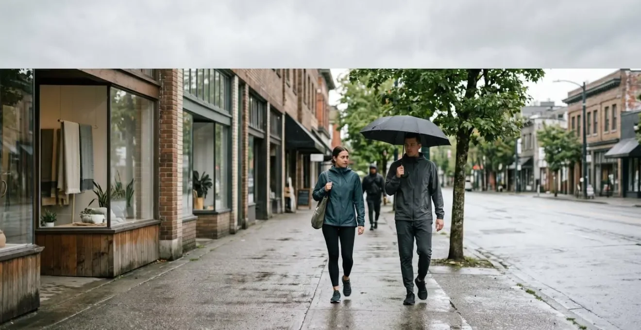 Wide environmental photograph of West 4th Avenue showing pedestrians in contemporary athleisure clothing navigating rain-soaked sidewalks with storefronts in soft focus