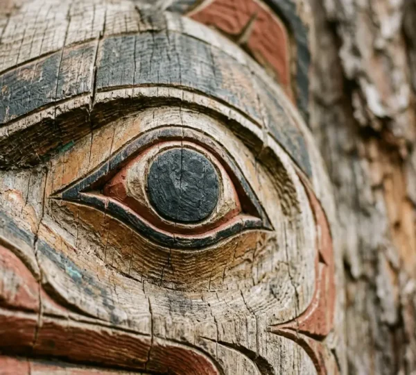 Close-up view of carved cedar totem pole figures showing intricate Northwest Coast formline design details