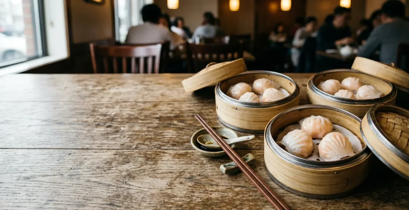 Authentic steamed dumplings in bamboo baskets arranged on a dining table with chopsticks