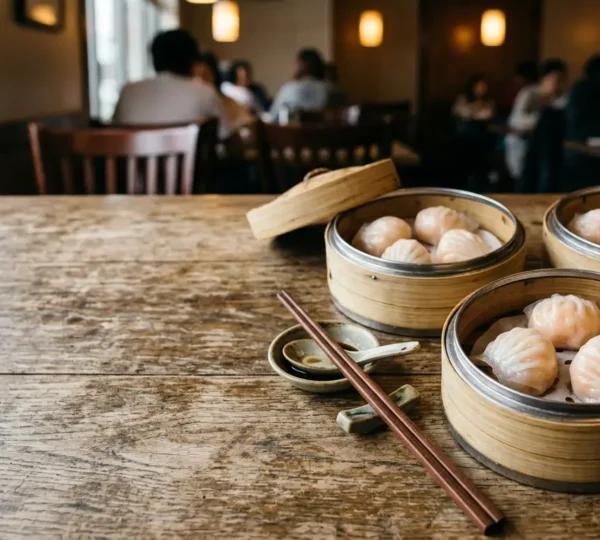 Authentic steamed dumplings in bamboo baskets arranged on a dining table with chopsticks