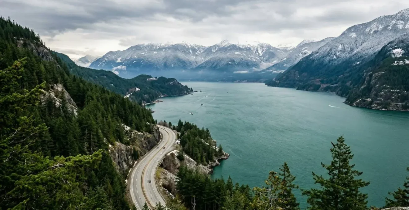 Scenic coastal highway winding along turquoise ocean fjord with dramatic mountain peaks and evergreen forest in British Columbia
