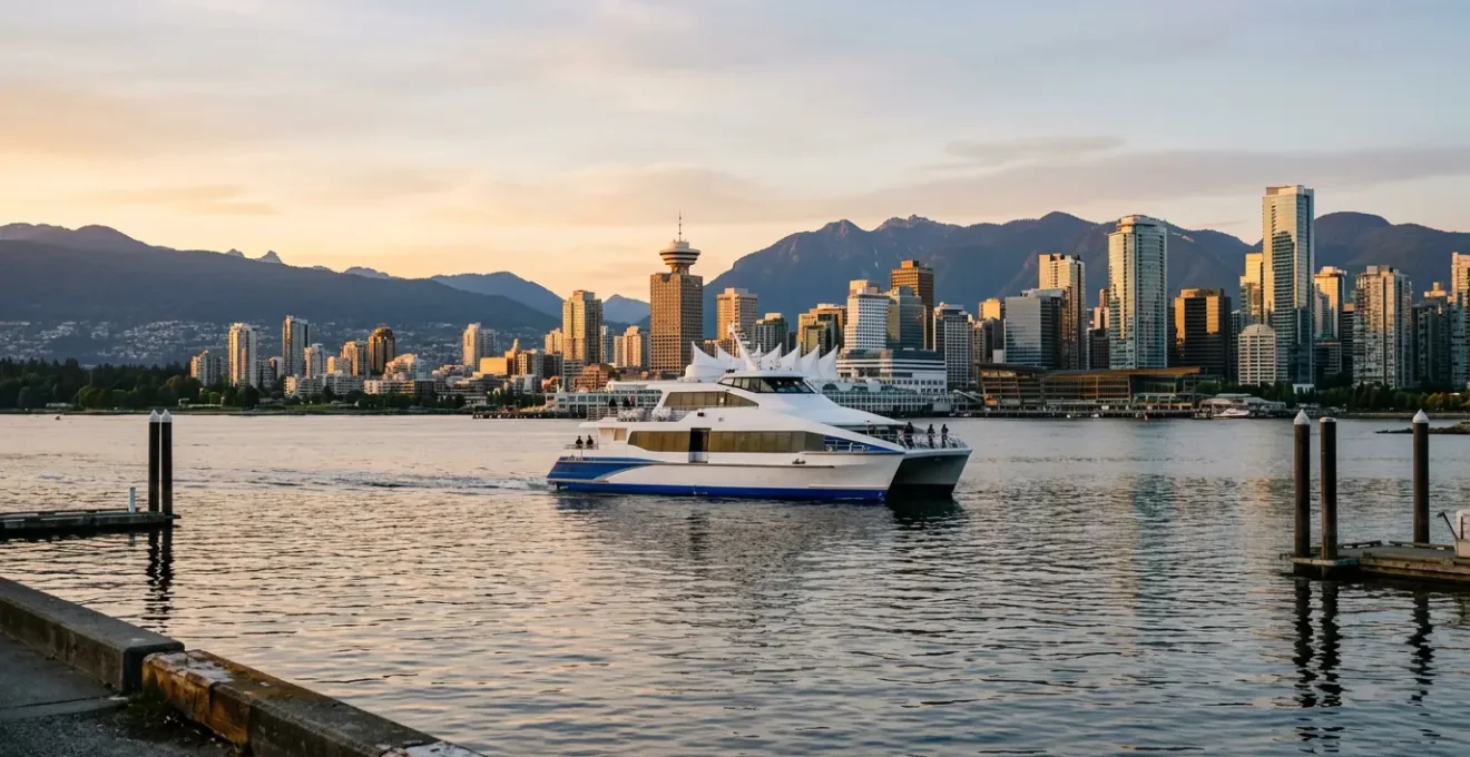 Passenger ferry crossing Burrard Inlet with Vancouver downtown skyline and North Shore mountains in background