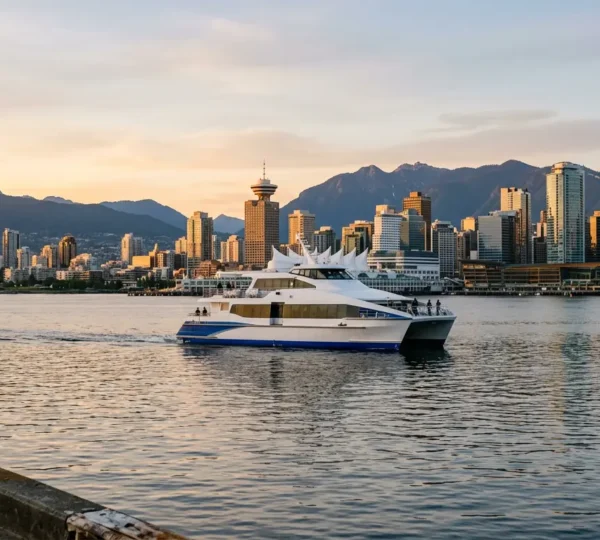 Passenger ferry crossing Burrard Inlet with Vancouver downtown skyline and North Shore mountains in background
