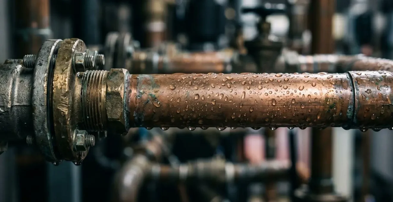 Close-up detail of industrial heat exchange pipes with condensation and steam in soft focus, representing sustainable district energy infrastructure