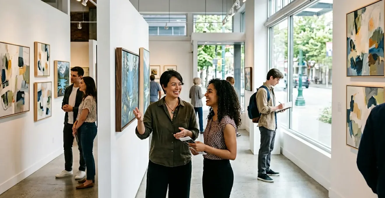 Inviting contemporary art gallery interior in Vancouver's South Granville district with diverse visitors examining affordable artworks