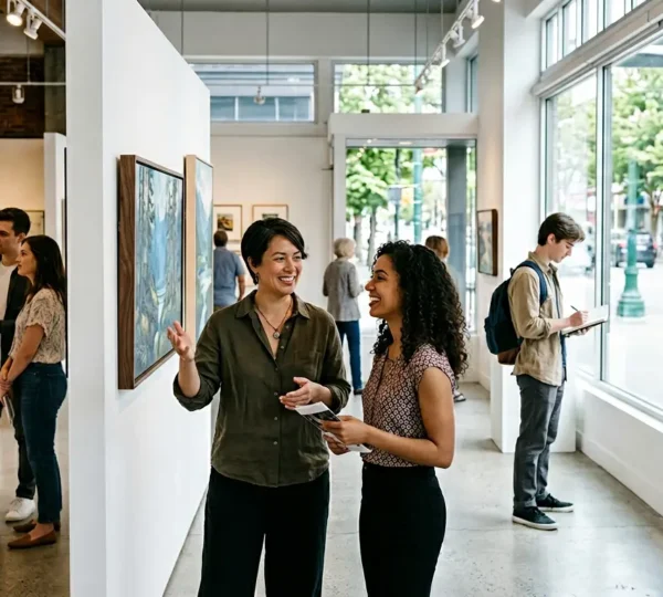 Inviting contemporary art gallery interior in Vancouver's South Granville district with diverse visitors examining affordable artworks