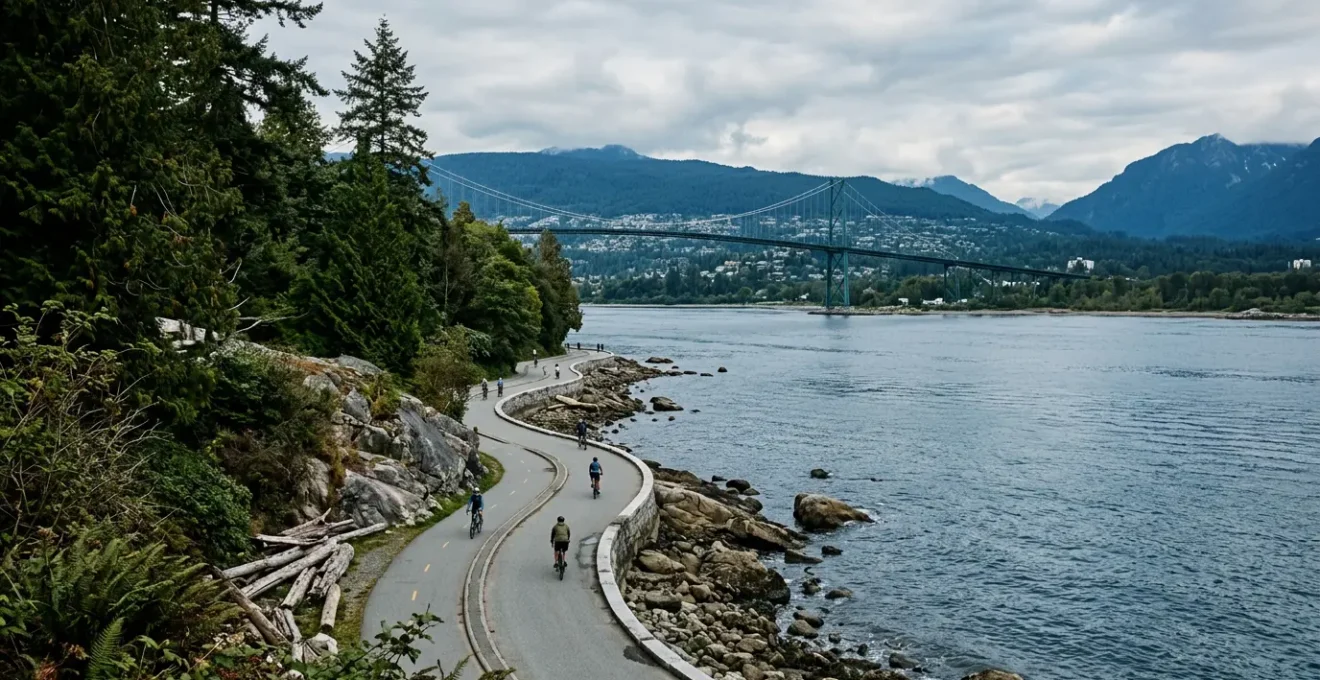 Cyclists riding along Stanley Park Seawall with Lions Gate Bridge and North Shore mountains in background