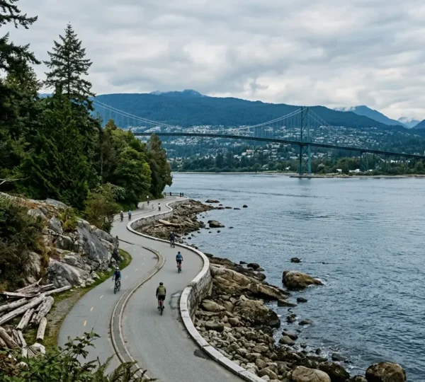 Cyclists riding along Stanley Park Seawall with Lions Gate Bridge and North Shore mountains in background