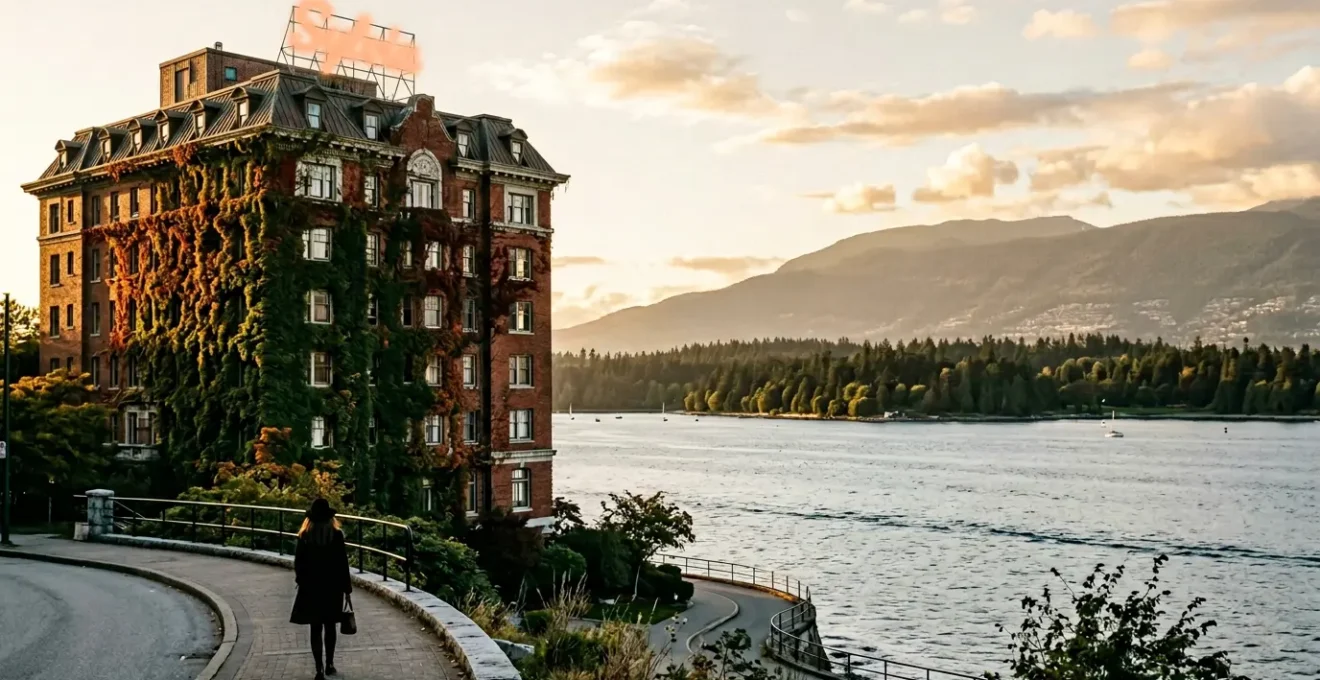 Historic brick heritage hotel covered in lush Boston ivy overlooking English Bay with dramatic coastal light at golden hour, Vancouver West End landmark
