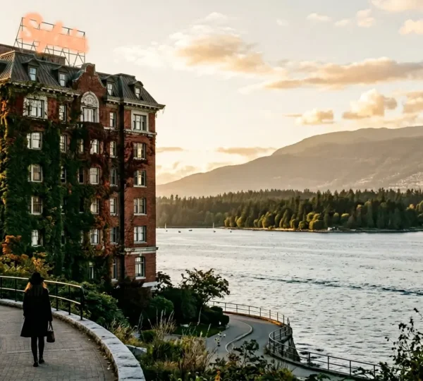 Historic brick heritage hotel covered in lush Boston ivy overlooking English Bay with dramatic coastal light at golden hour, Vancouver West End landmark