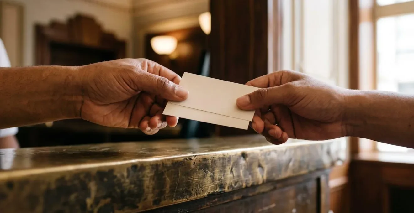 Close-up of hands receiving theatre tickets at box office window with vintage architectural details