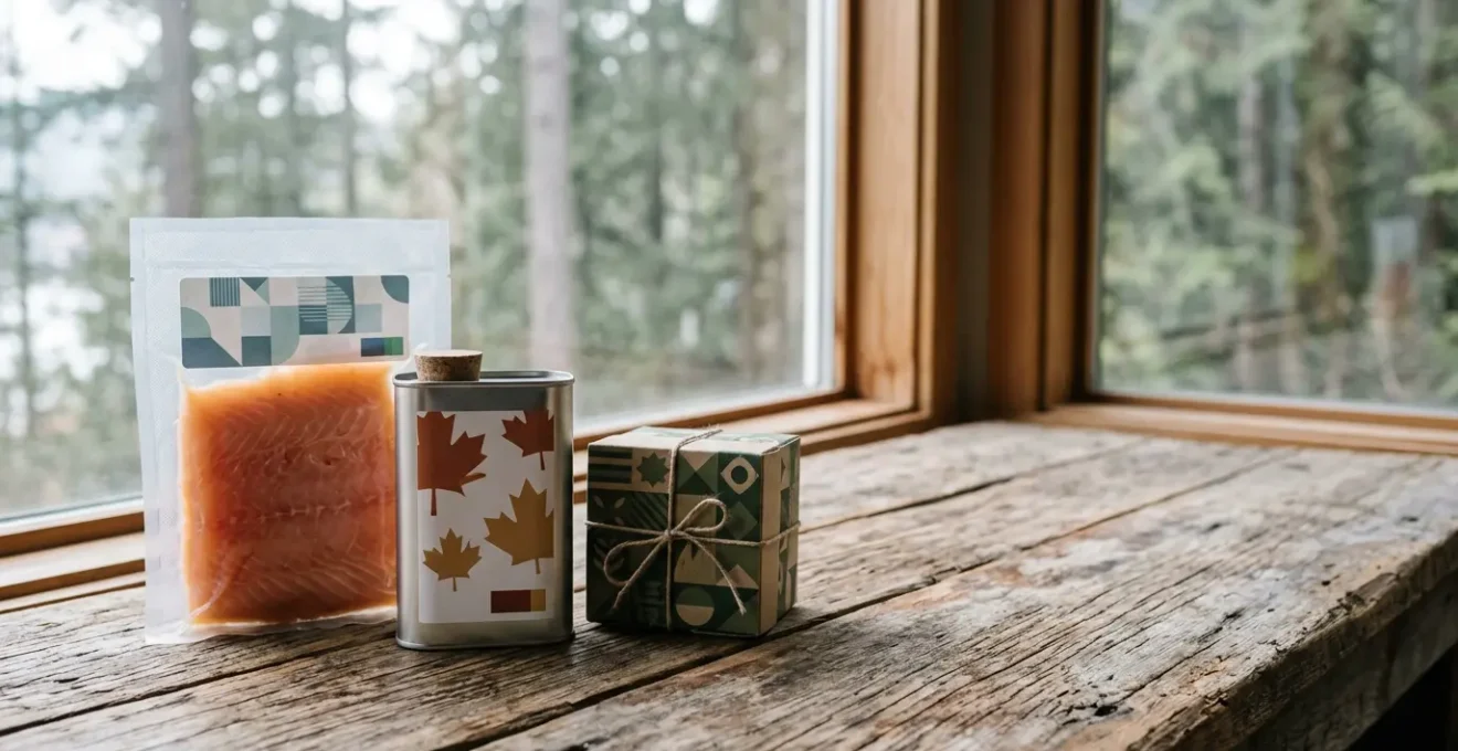 Travel-ready Canadian food souvenirs displayed with packaging materials on rustic wooden surface
