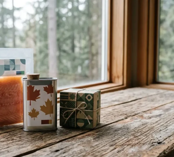 Travel-ready Canadian food souvenirs displayed with packaging materials on rustic wooden surface