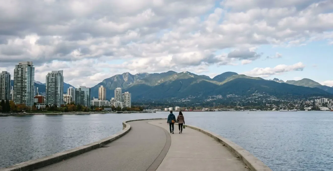 Wide-angle view of Vancouver seawall path with North Shore mountains backdrop, cyclist and pedestrians enjoying waterfront urban nature experience