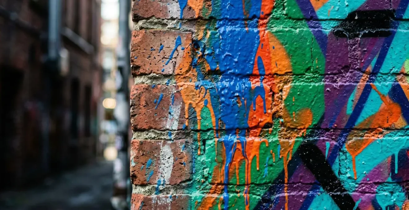 Close-up of vibrant street art mural textures and spray paint details on Vancouver alleyway brick wall