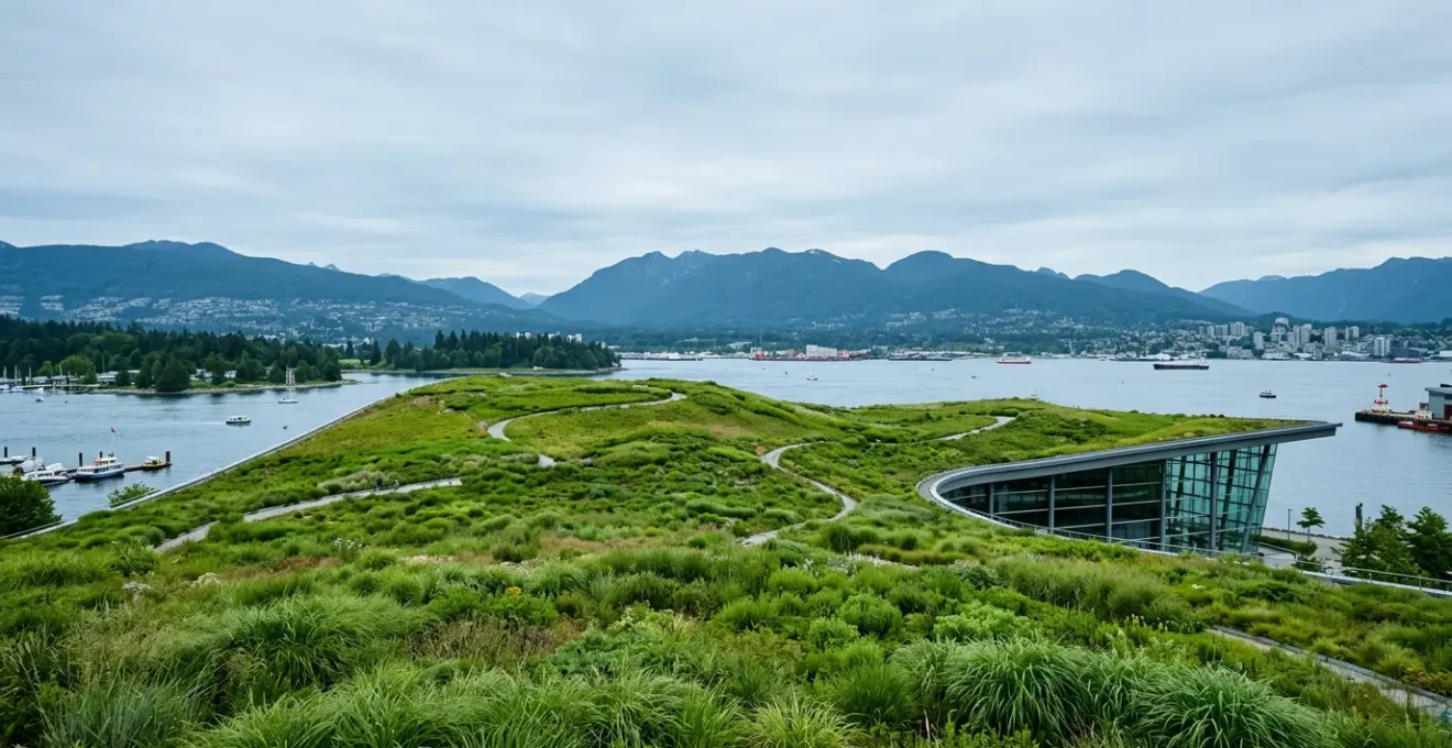 Expansive green roof ecosystem with native grasses and indigenous plants covering Vancouver Convention Centre, viewed from elevated perspective with harbor and mountains in background
